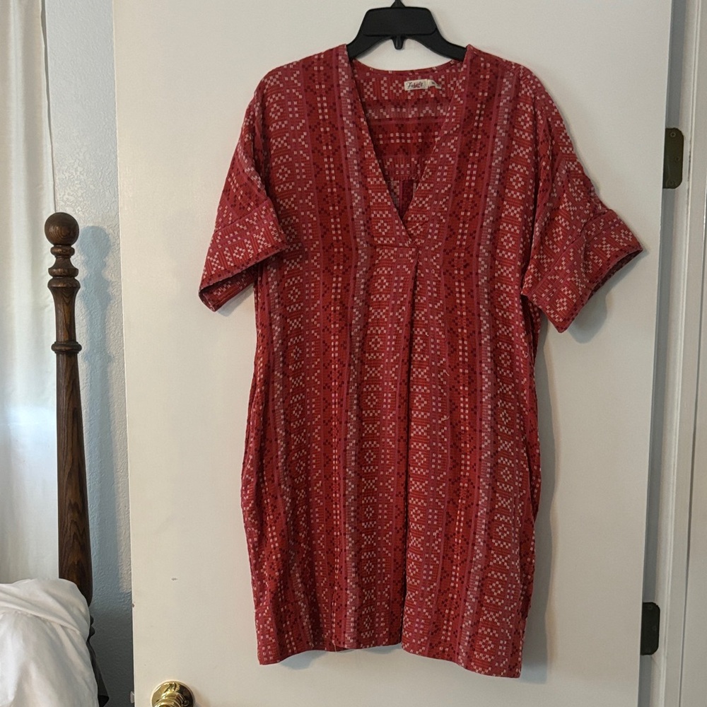 Faherty 100% Organic Cotton Orange Patterned V-Neck Dress